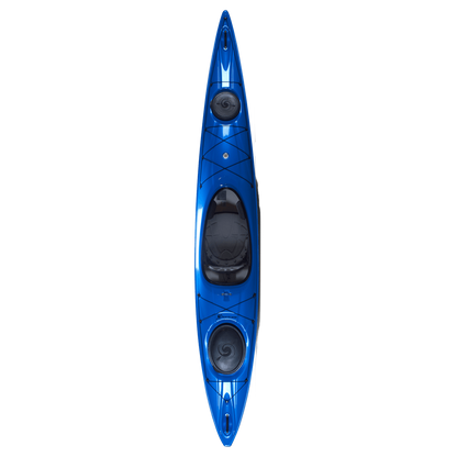 Top-down view of the Hurricane Kayaks Sojourn 136 Rudder Ready, a blue touring kayak featuring two storage hatches and a central cockpit, set against a white background.