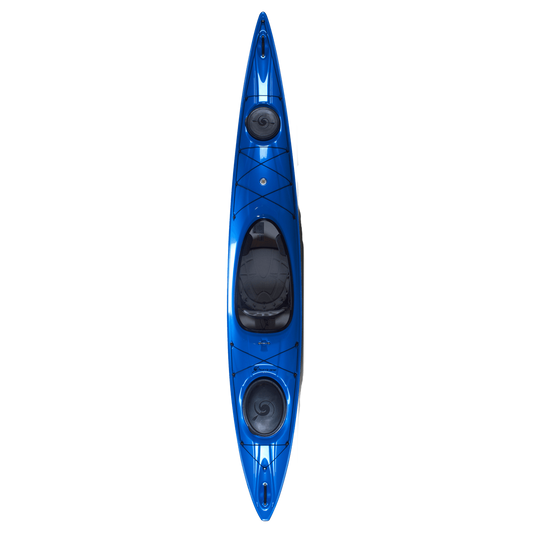 Top-down view of the Hurricane Kayaks Sojourn 136 Rudder Ready, a blue touring kayak featuring two storage hatches and a central cockpit, set against a white background.