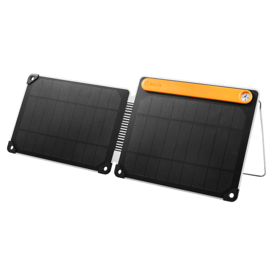 The BioLite SolarPanel 10+ is a portable solar phone charger with dual black panels, an orange accent, and a built-in metal stand, ideal for charging devices outdoors.