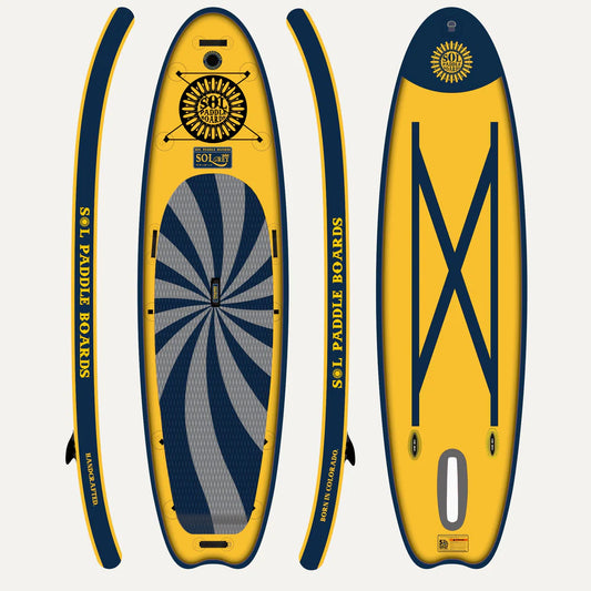 The GalaXy SOLrey inflatable paddle board, in yellow and blue with side and top views, features the Switchblade Retractable Fin System. "SOL Paddle Boards" branding is visible, making it perfect for expedition paddling adventures.