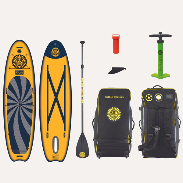 Explore the GalaXy SOLrey by SOL Paddle Boards, an inflatable paddle board in vibrant yellow and blue with the Switchblade Retractable Fin. The kit includes a paddle, hand pump, carrying bag, safety whistle, and repair kit—ideal for expedition paddling adventures.