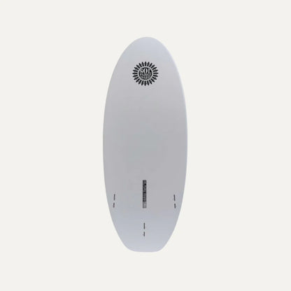 The SOLScepter by SOL Paddle Boards is a white epoxy surfboard featuring a sunburst design near the top and equipped with FCS II Fin Boxes at the bottom for versatile performance.