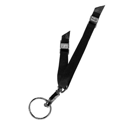 The Coyote River Gear Spare Oar Keeper is a black seat belt keychain with silver hardware, a circular keyring, and a durable panic snap for added security.
