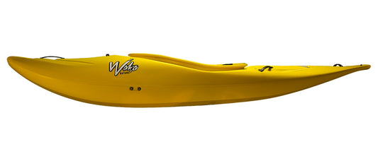 The Steeze by Waka Kayaks is a sleek, yellow kayak perfect for white water adventures, featuring the brand logo on the side.