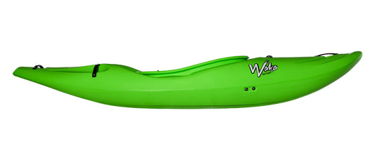 A sleek, bright green kayak seen from the side features the Waka Kayaks logo and is named "Stoke." It offers adjustable outfitting for a personalized adventure on the water.