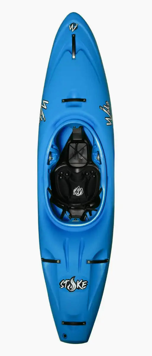 A blue kayak featuring a black seat and footrests displays the "Waka Kayaks" brand and "Stoke" product name. Perfect for river runners, it guarantees performance and adventure.