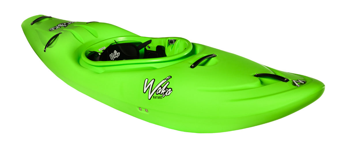 The Stoke kayak by Waka Kayaks is a vivid green, single-occupant vessel with black accents and a logo, boasting adjustable outfitting for an ideal fit.