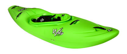 The Stoke kayak by Waka Kayaks is a vivid green, single-occupant vessel with black accents and a logo, boasting adjustable outfitting for an ideal fit.