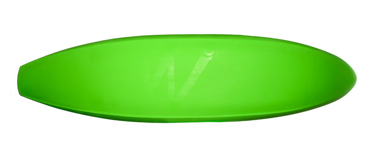 A bright green surfboard resembling the vibrant Waka Kayaks' Stoke collection is viewed from above on a pristine white background.