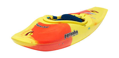 The Pyranha Storm play kayak in yellow and orange, featuring a blue seat and designed for downriver playboating, is shown against a white background.