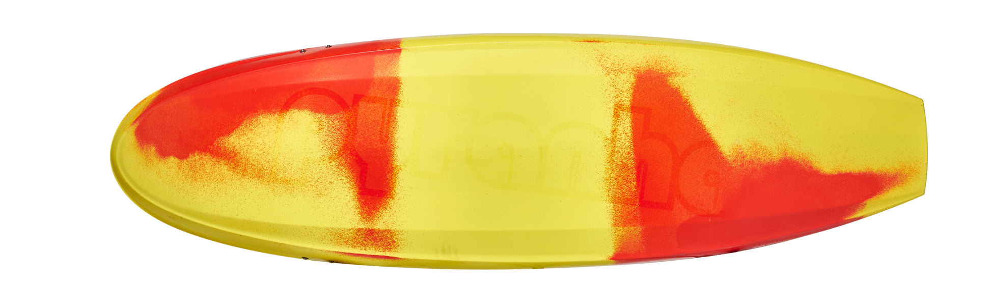 A yellow Pyranha Storm surfboard with bold, uneven red spray-painted sections is photographed from above on a white background, reflecting the vibrant energy of downriver playboating and the striking style of Pyranha’s designs.