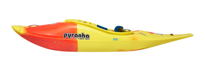 The Pyranha Storm play kayak, in bright yellow and orange, features a curved shape ideal for downriver playboating and is shown side-on against a white background.
