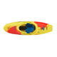 Top view of the Pyranha Storm, a vivid yellow-orange play kayak with blue seat and black footrests—ideal for downriver playboating. The deck displays the "Pyranha" logo and "Storm" branding.
