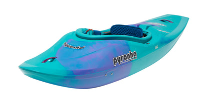 The Pyranha Storm play kayak in blue and purple features a padded seat and visible branding on the side, ideal for downriver playboating, shown against a white background.