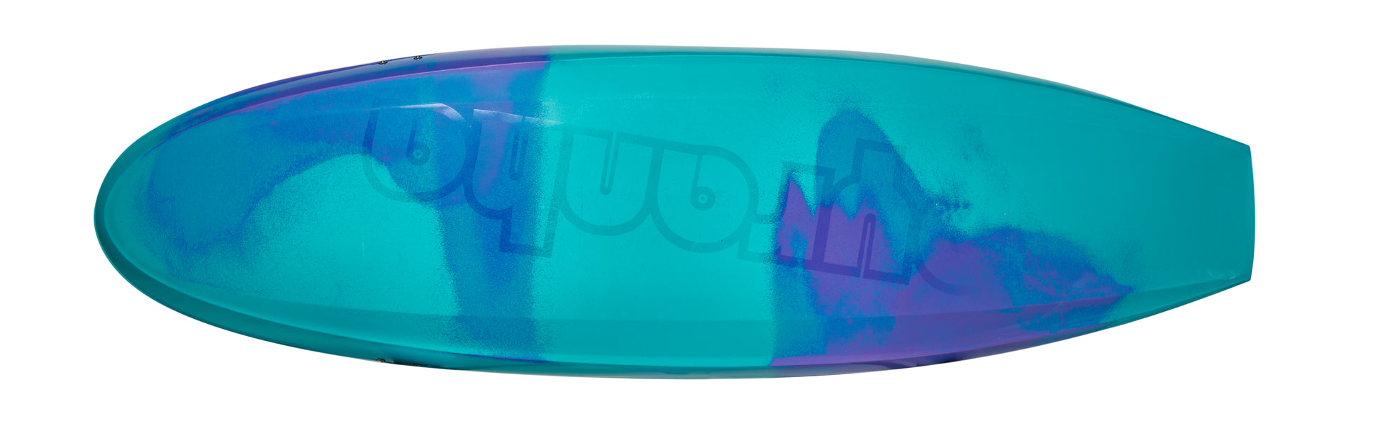 The Pyranha Storm is a teal and purple surfboard with a glossy finish, seen from above, featuring subtle lettering beneath the surface—capturing the playful energy of downriver playboating.