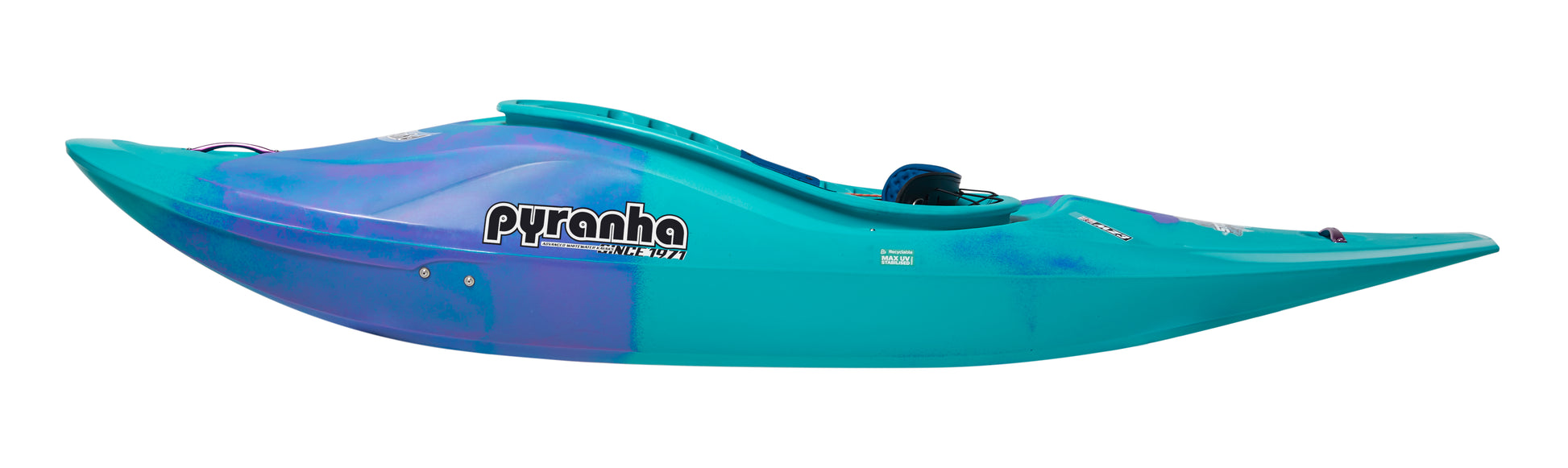 A Pyranha Storm kayak in teal and purple is shown in profile against a white background, ideal for downriver playboating.