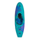 Top view of the Pyranha Storm play kayak in teal and purple, featuring seating area, footrests, and safety handles—perfect for adventurous downriver playboating.