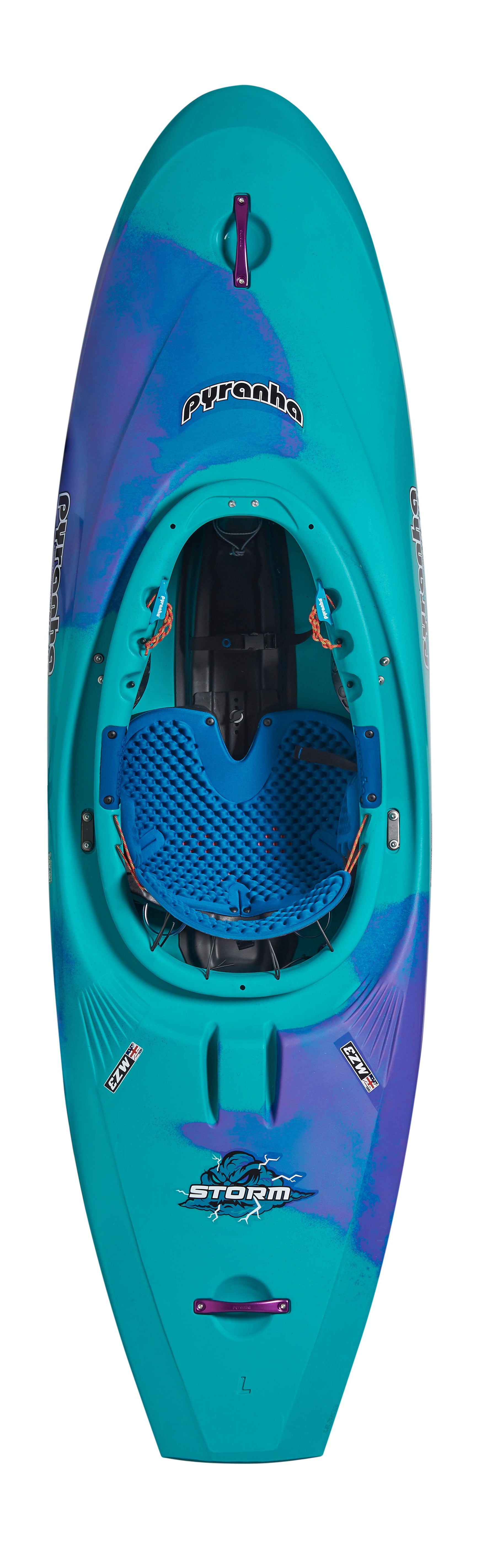 Top view of the Pyranha Storm play kayak in teal and purple, featuring seating area, footrests, and safety handles—perfect for adventurous downriver playboating.