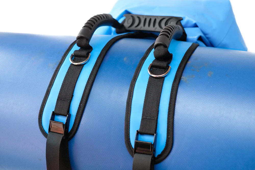 Adjustable black straps with plastic buckles on a blue waterproof Dry Thwart Bag - V2 from River Station Gear.