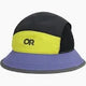 The Swift Bucket Hat by Outdoor Research features a striking design with its yellow, black, and purple color scheme, mesh sides, and "OR" text on the front.
