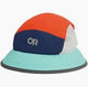 The Swift Bucket Hat by Outdoor Research features an orange top, navy middle with the "OR" logo, light blue wide brim, and white mesh sides.
