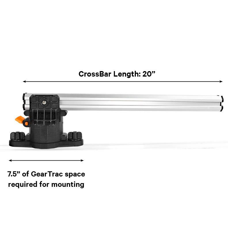 Side view of the YakAttack SwingArm CrossBar (20-inch) mounted on a base—perfect for fish finders or kayak gear. Requires 7.5 inches of GearTrac space for installation.