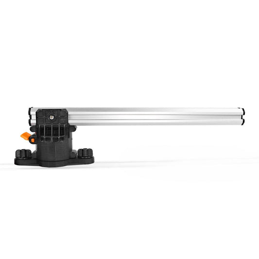 The YakAttack SwingArm CrossBar is a black and silver adjustable mounting arm with a flat base, perfect for kayak gear mounting, shown extended horizontally against a plain white background.