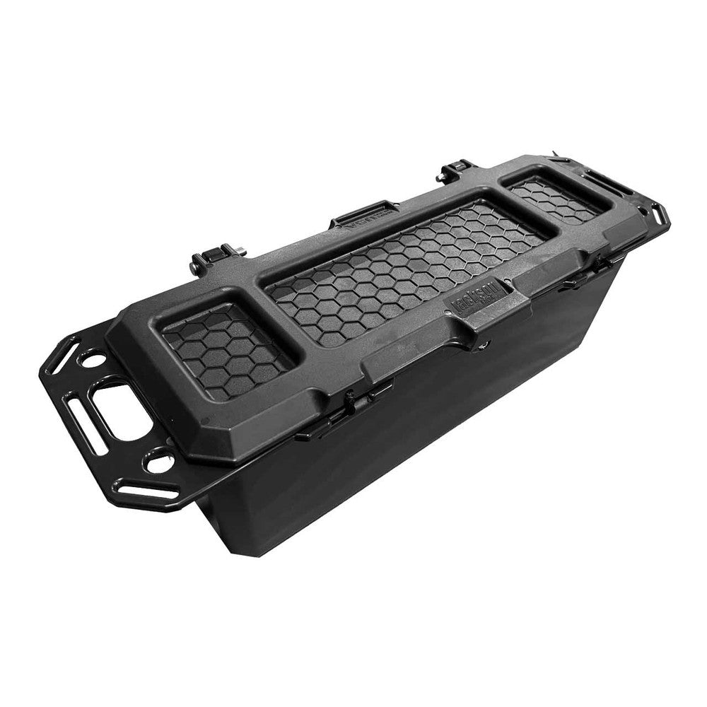 The Jackson Kayak Multibox and L-Brackets is a black, rectangular, plastic storage case with a honeycomb-patterned top and secure latches, perfect for tackle storage.