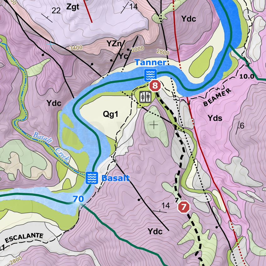 A Geologic Trail Map of the Grand Canyon showing the location of a river, created by Four Corners Mapping.
