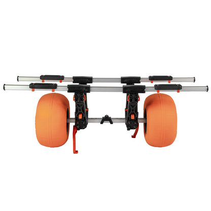 The YakAttack TowNStow BarCart Kayak Cart with Sand Tires features a metal frame, adjustable support bars, and two large orange balloon wheels—ideal for transporting your kayak over sand or rough terrain.