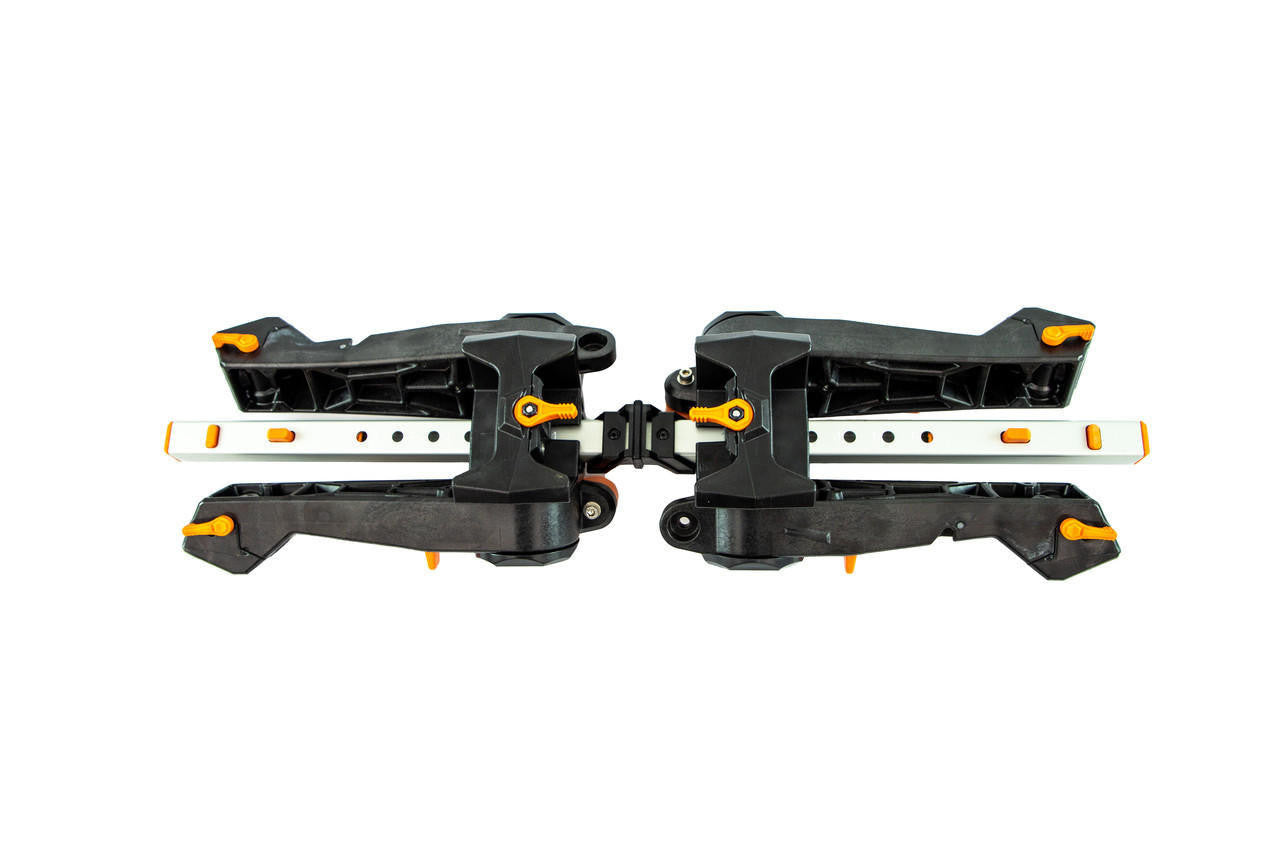 A pair of black and orange adjustable hinge brackets connected by a metal rail for the YakAttack TowNStow BarCart Kayak Cart with Sand Tires, shown on a white background.