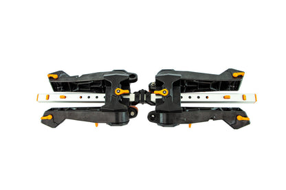 A pair of black and orange adjustable hinge brackets connected by a metal rail for the YakAttack TowNStow BarCart Kayak Cart with Sand Tires, shown on a white background.