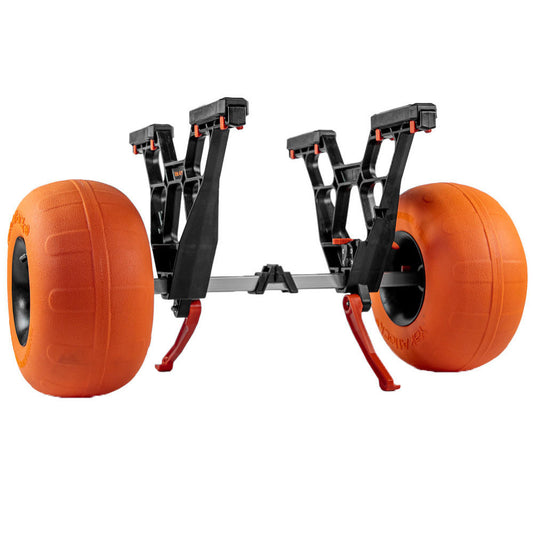 The YakAttack TowNStow Bunkster Kayak Cart w/ Sand Wheels features adjustable uprights and a black metal frame, making it easy to transport small boats over sand and rough terrain.