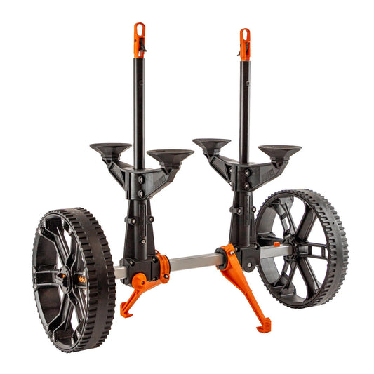Designed for transporting scupper-equipped kayaks, the YakAttack TowNStow Scupper Kayak Cart features large black and orange wheels, a sturdy metal frame, adjustable upright supports, and cup-shaped holders.