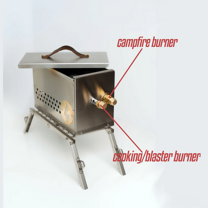 The LavaBox Hekla Portable Campfire / Stove Combo features a stainless steel build, with a labeled campfire burner on top and a cooking/blaster burner below, all displayed with the lid open.