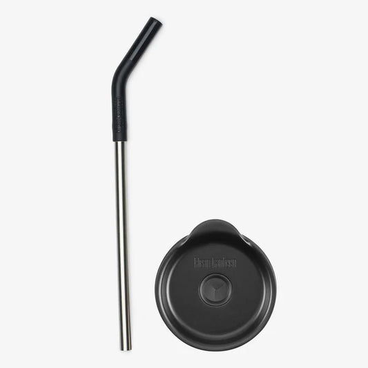 The Klean Kanteen Lid & Straw Combo features a black and silver reusable steel straw with an angled silicone tip, shown alongside the matching lid. Both are BPA-free for safe, eco-friendly sipping.