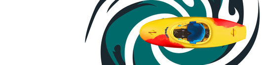 A Pyranha Storm play kayak in yellow and red with a blue seat sits atop a teal and black swirling wave graphic, all set against a white background.