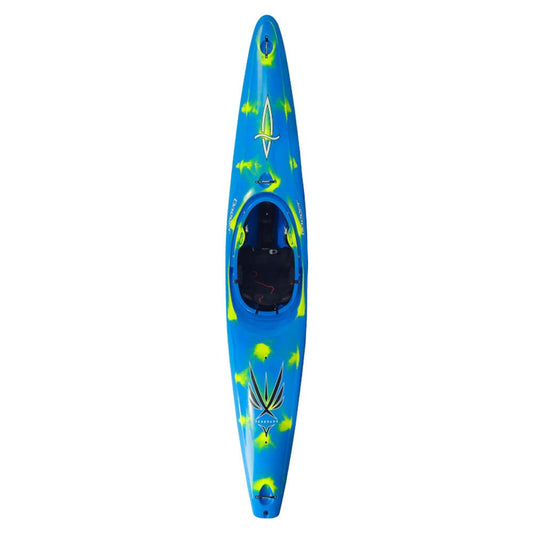 A Dagger Vanguard 12 kayak with yellow and green designs on it.