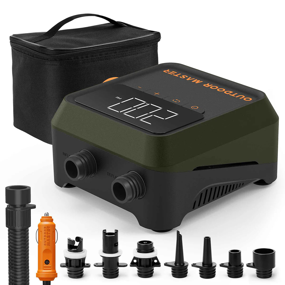 The "Cachalot 2 - 12V Mini Electric SUP Pump" by Outdoor Master comes with various nozzle attachments and a carrying case. This portable paddle board inflator features an LED display for convenience.