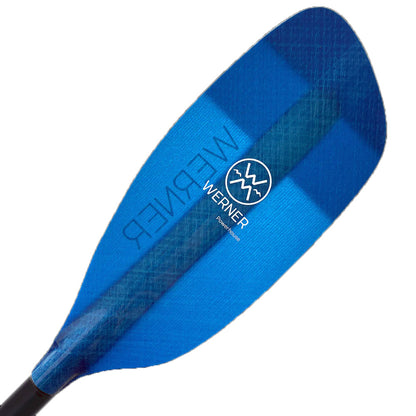 The Werner Paddles Powerhouse Fiberglass blue kayak paddle blade is ideal for creeking and river running, featuring the distinctive Werner logo and text clearly displayed on the blade.