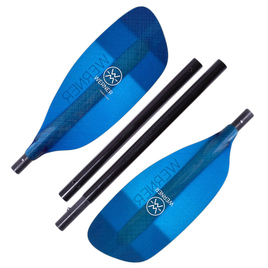 The Werner Paddles Powerhouse 4-Piece features two blue blades and two black shafts, disassembled and displayed on a white background—ideal for river running or as a whitewater kayak paddle.