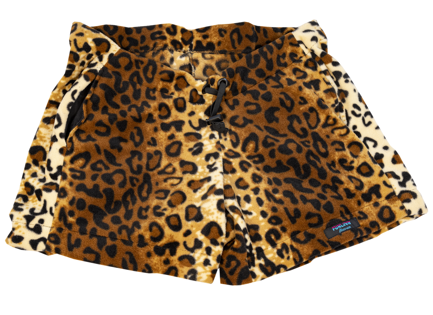 FunLuvin' Fleecewear FunLuvin' Fleece Shorts are women's fleece shorts with a leopard print and black drawstring waistband, plus a logo tag near the hem—perfect adventure-ready shorts for your next outing.