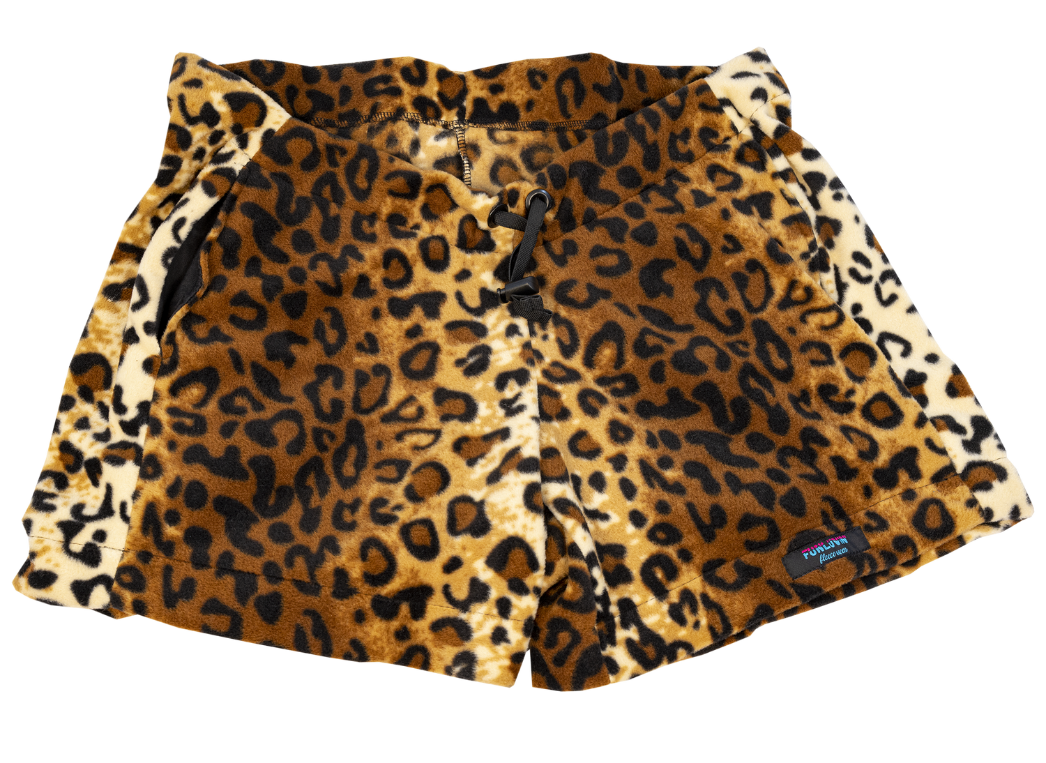FunLuvin' Fleecewear FunLuvin' Fleece Shorts are women's fleece shorts with a leopard print and black drawstring waistband, plus a logo tag near the hem—perfect adventure-ready shorts for your next outing.