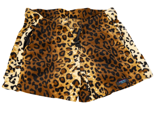FunLuvin' Fleecewear FunLuvin' Fleece Shorts are women's fleece shorts with a leopard print and black drawstring waistband, plus a logo tag near the hem—perfect adventure-ready shorts for your next outing.