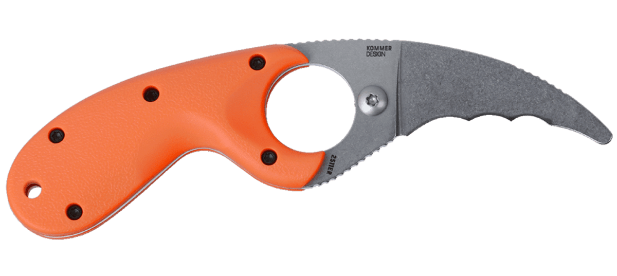 The CRKT Bear Claw Knife is a fixed blade knife with an orange handle that stands out on a white background. Made with corrosion-resistant steel, this knife combines functionality and style.