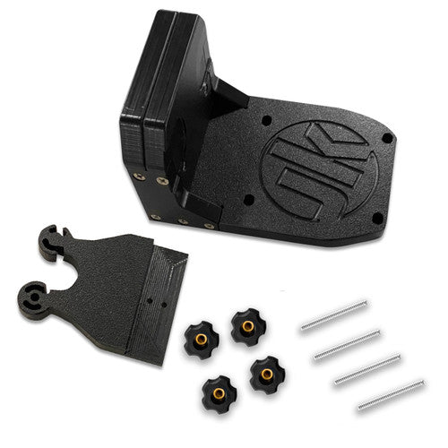 A Jackson Kayak YakGadget Transom Motor Mount XD bracket featuring a detachable holder, four screws, and four black knobs with gold inserts, all arranged on a white surface.