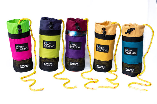 Five River Station Gear Kayak/Packraft Throw Bags lined up on a white background.