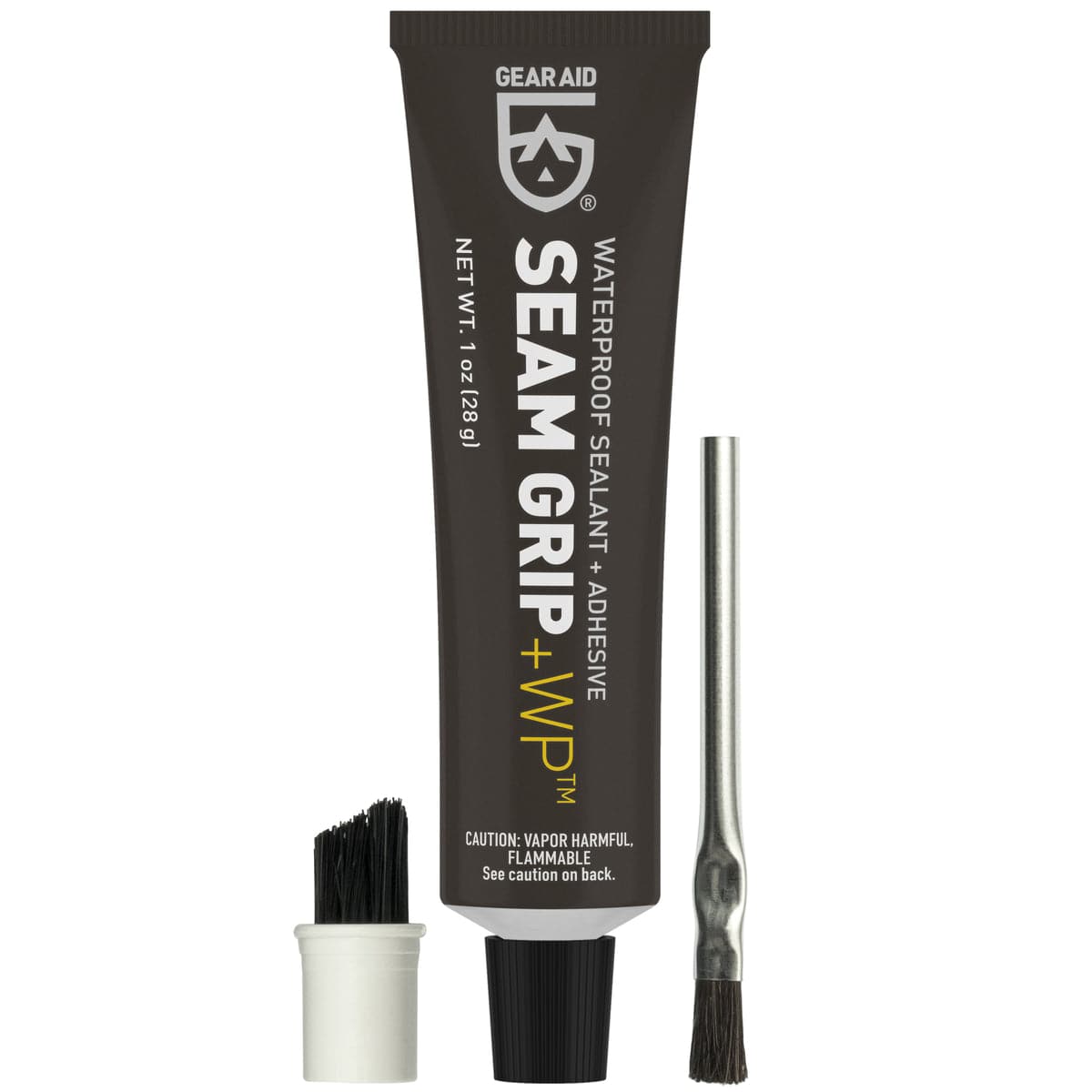 Featuring the Seam Grip+WP 1oz adhesive, glue, river wing repair, seam repair, sup care, sup repair, tent repair manufactured by Gear Aid shown here from one angle.