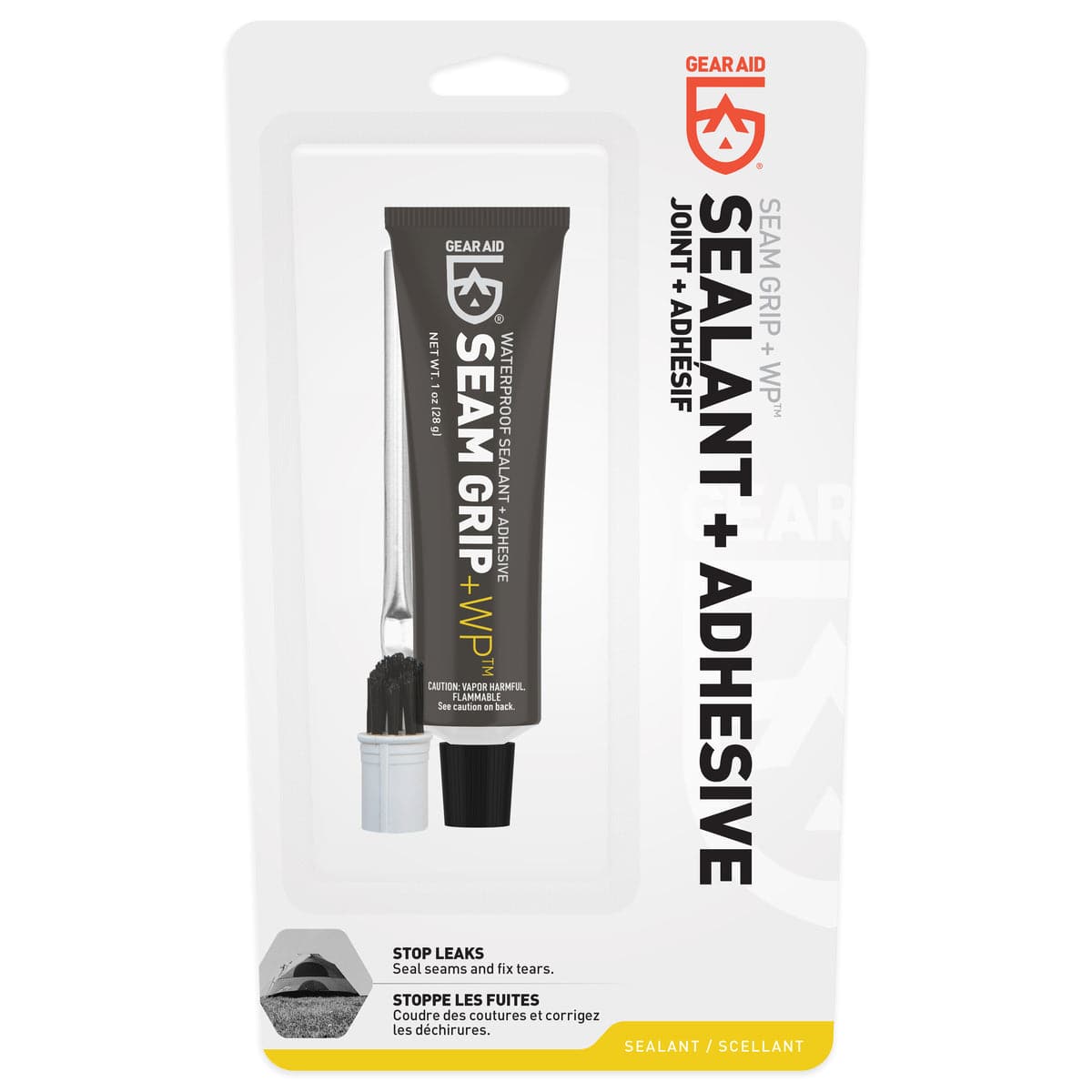 Featuring the Seam Grip+WP 1oz adhesive, glue, river wing repair, seam repair, sup care, sup repair, tent repair manufactured by Gear Aid shown here from a second angle.