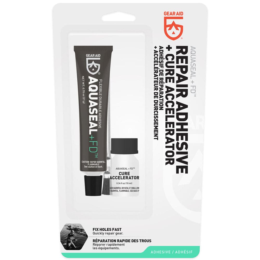 Featuring the Aquaseal+FD with Accelerator adhesive, canoe care, canoe repair, field repair, glue, kayak care, kayak repair, men's dry wear, women's dry wear manufactured by Gear Aid shown here from a second angle.